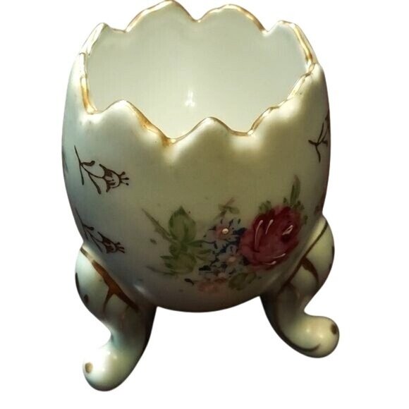 Vintage Napcoware Blue Porcelain Egg Vase Hand Painted Rose Floral 3-Legged - Picture 1 of 11